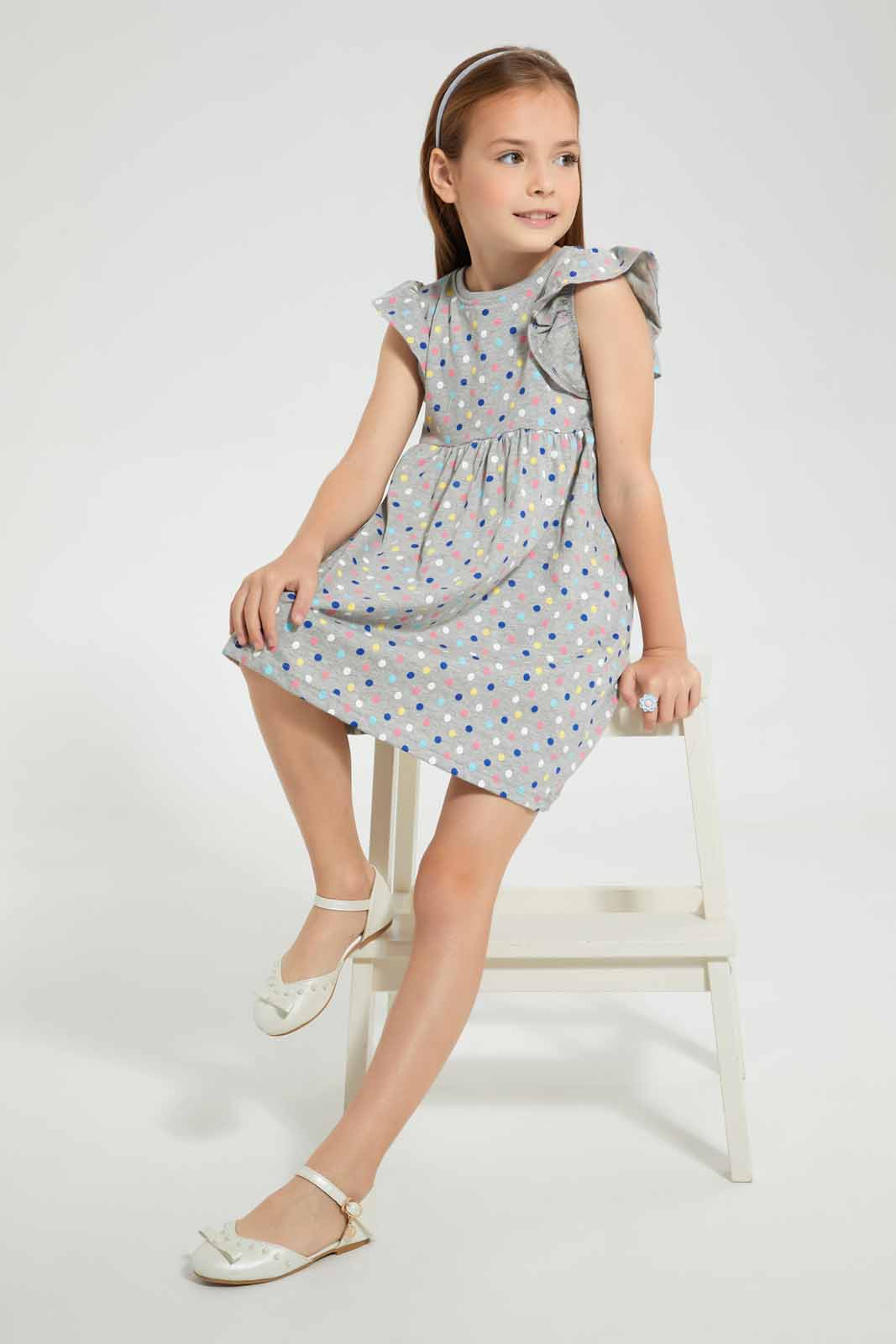 Redtag-Grey-Melange-Aop-Dress-Dresses-Girls-2 to 8 Years