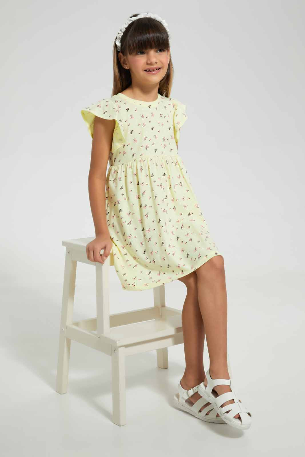 Redtag-Yellow-Aop-Dress-Dresses-Girls-2 to 8 Years