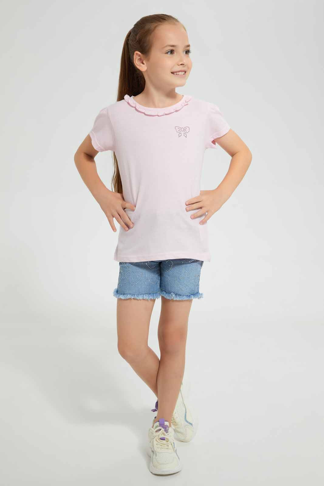 Redtag-Pink-S/Sleeve-T-Shirt-With-Ruffles-At-Neck-Graphic-T-Shirts-Girls-2 to 8 Years