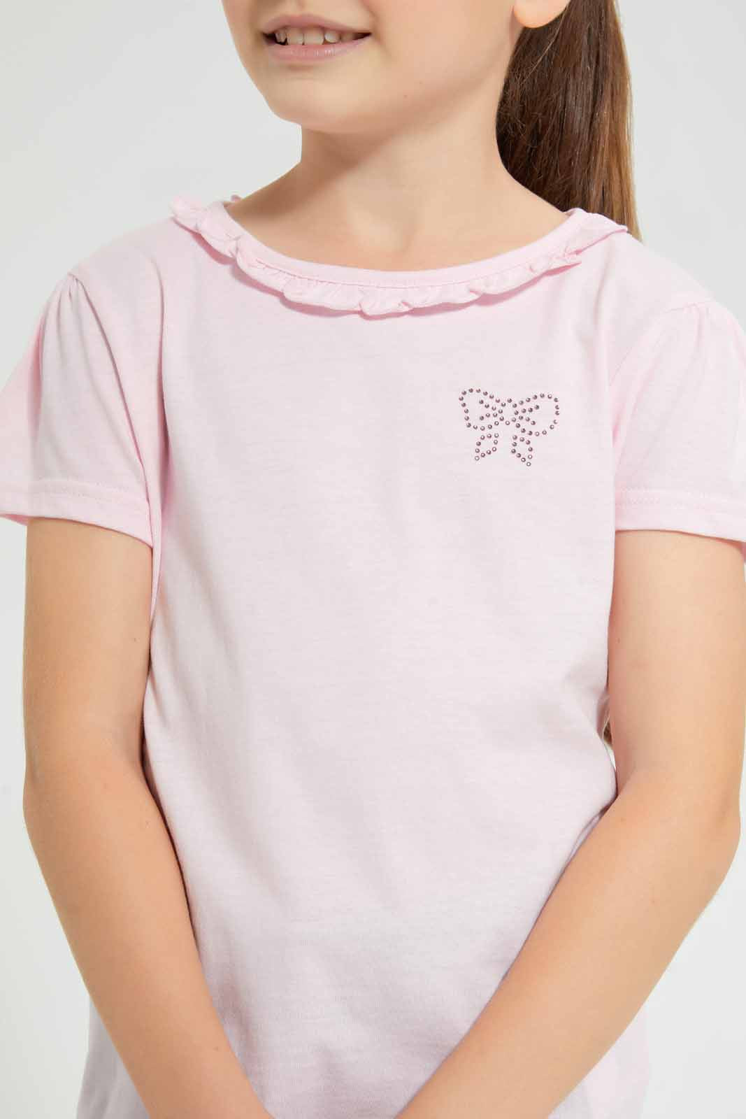 Redtag-Pink-S/Sleeve-T-Shirt-With-Ruffles-At-Neck-Graphic-T-Shirts-Girls-2 to 8 Years