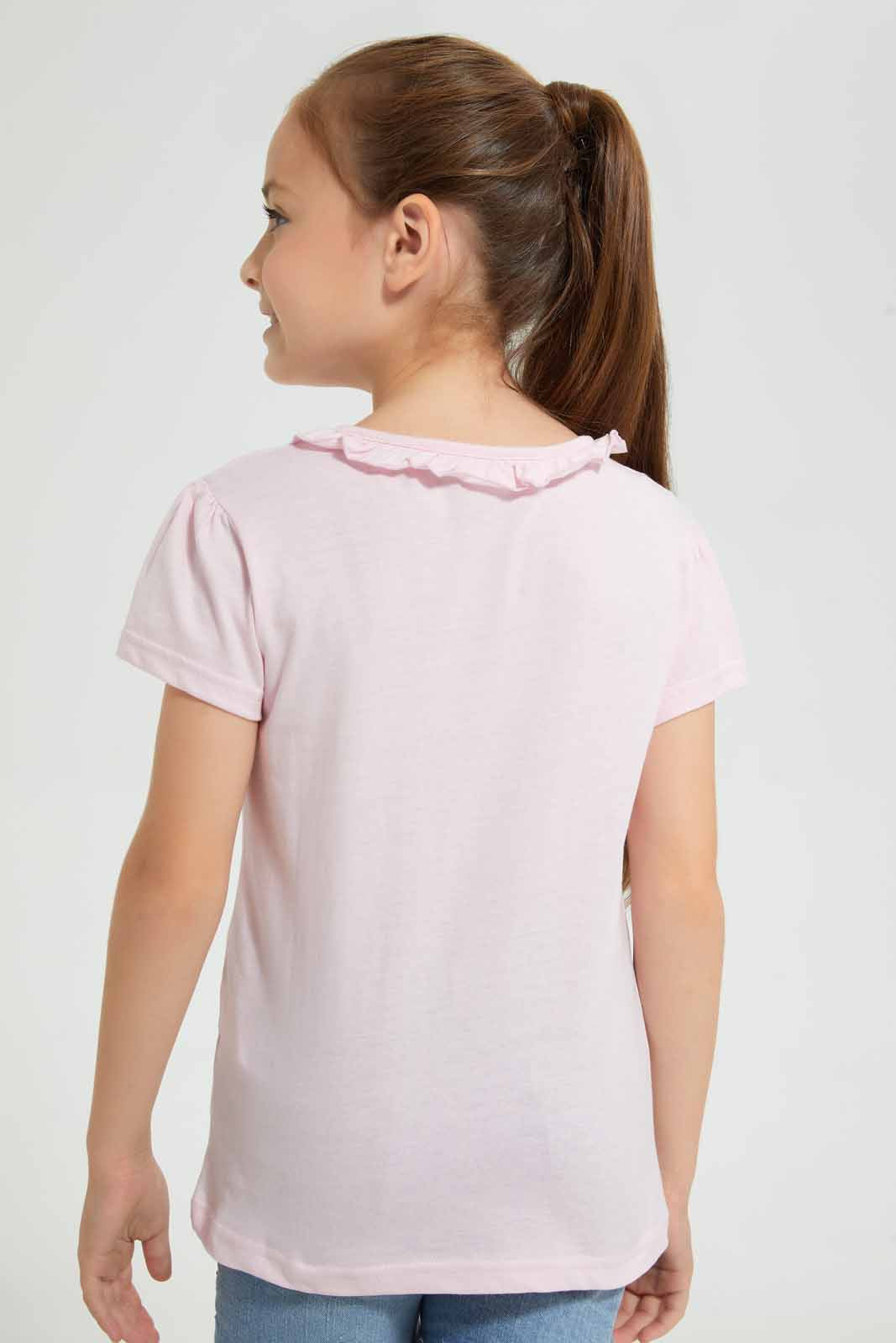 Redtag-Pink-S/Sleeve-T-Shirt-With-Ruffles-At-Neck-Graphic-T-Shirts-Girls-2 to 8 Years