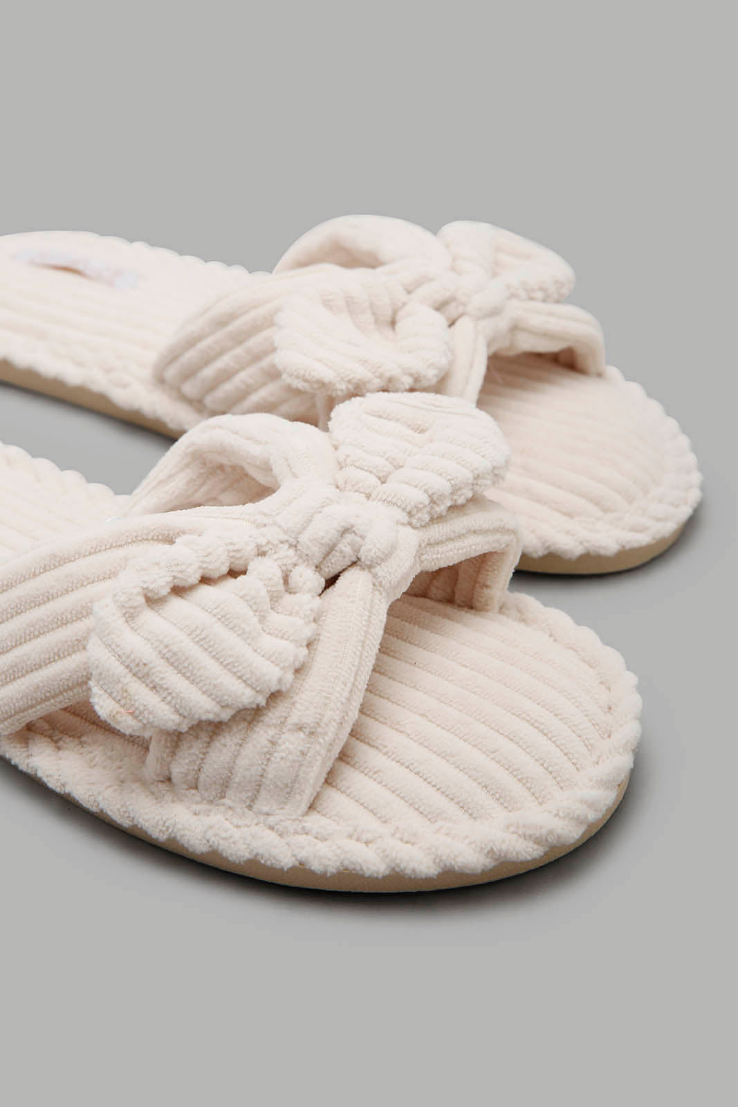 Redtag-Ivory-Corduroy-Bow-Slipper-Category:Slippers,-Colour:Ivory,-Filter:Women's-Footwear,-New-In,-New-In-Women-FOO,-Non-Sale,-Section:Women,-W22A,-Women-Slippers-Women's-