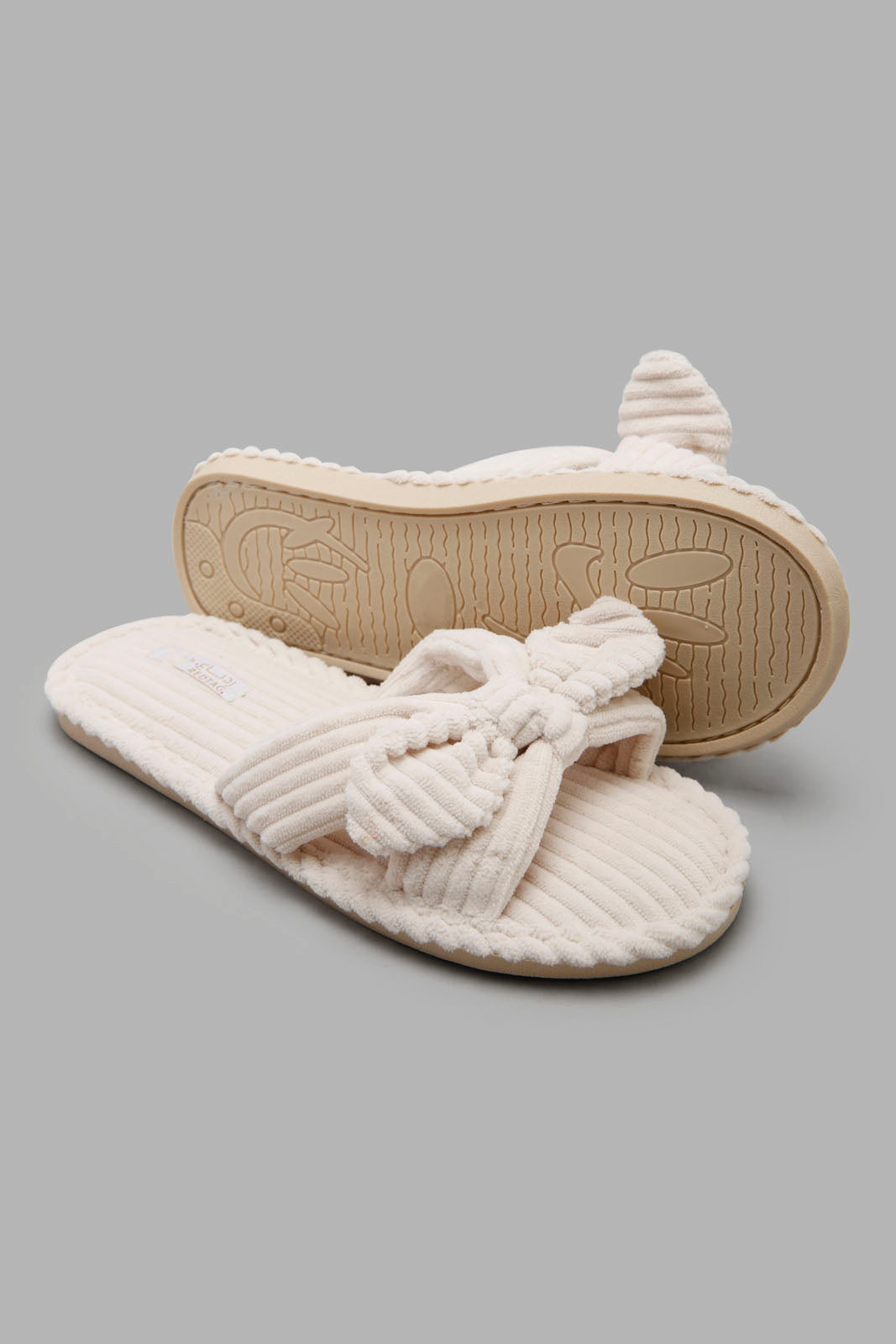 Redtag-Ivory-Corduroy-Bow-Slipper-Category:Slippers,-Colour:Ivory,-Filter:Women's-Footwear,-New-In,-New-In-Women-FOO,-Non-Sale,-Section:Women,-W22A,-Women-Slippers-Women's-
