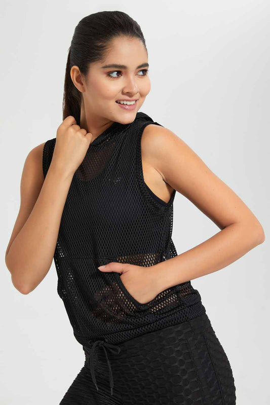 Redtag-Black-Hoodie-Sleeveless-Mesh-Sweatshirt-Active-Sweatshirts-Women's-