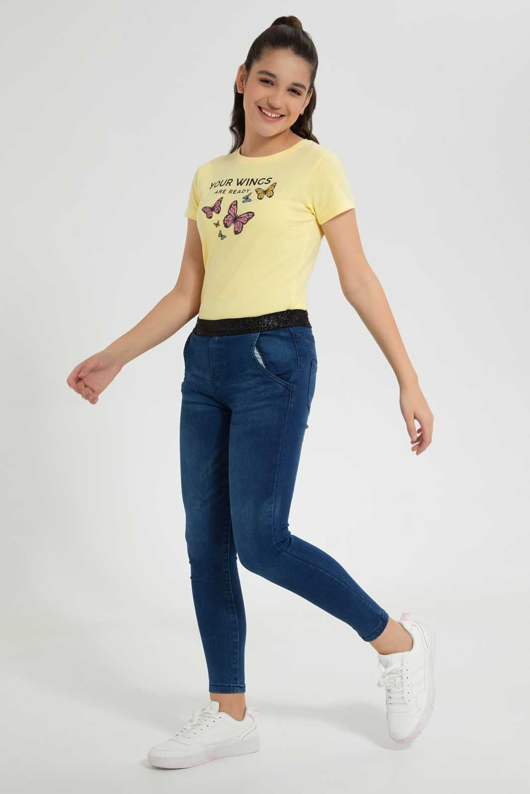 Redtag-Dark-Wash-Jegging-With-Glittered-Waistband-Jeggings-Senior-Girls-9 to 14 Years