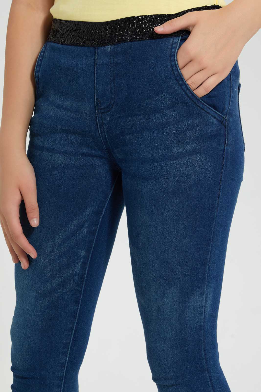 Redtag-Dark-Wash-Jegging-With-Glittered-Waistband-Jeggings-Senior-Girls-9 to 14 Years