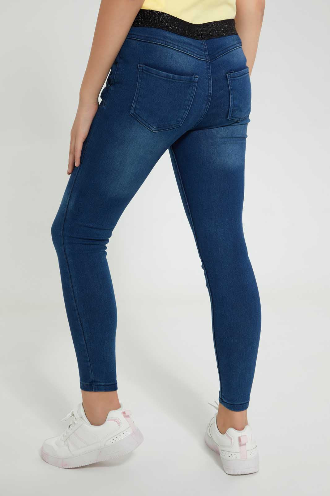 Redtag-Dark-Wash-Jegging-With-Glittered-Waistband-Jeggings-Senior-Girls-9 to 14 Years