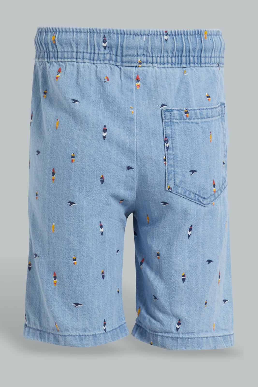 Redtag-Lgith-Wash--Allover-Printed-Pull-On-Denim-Short:Light-Wash:3-6-Months-Denim-Shorts-Infant-Boys-3 to 24 Months