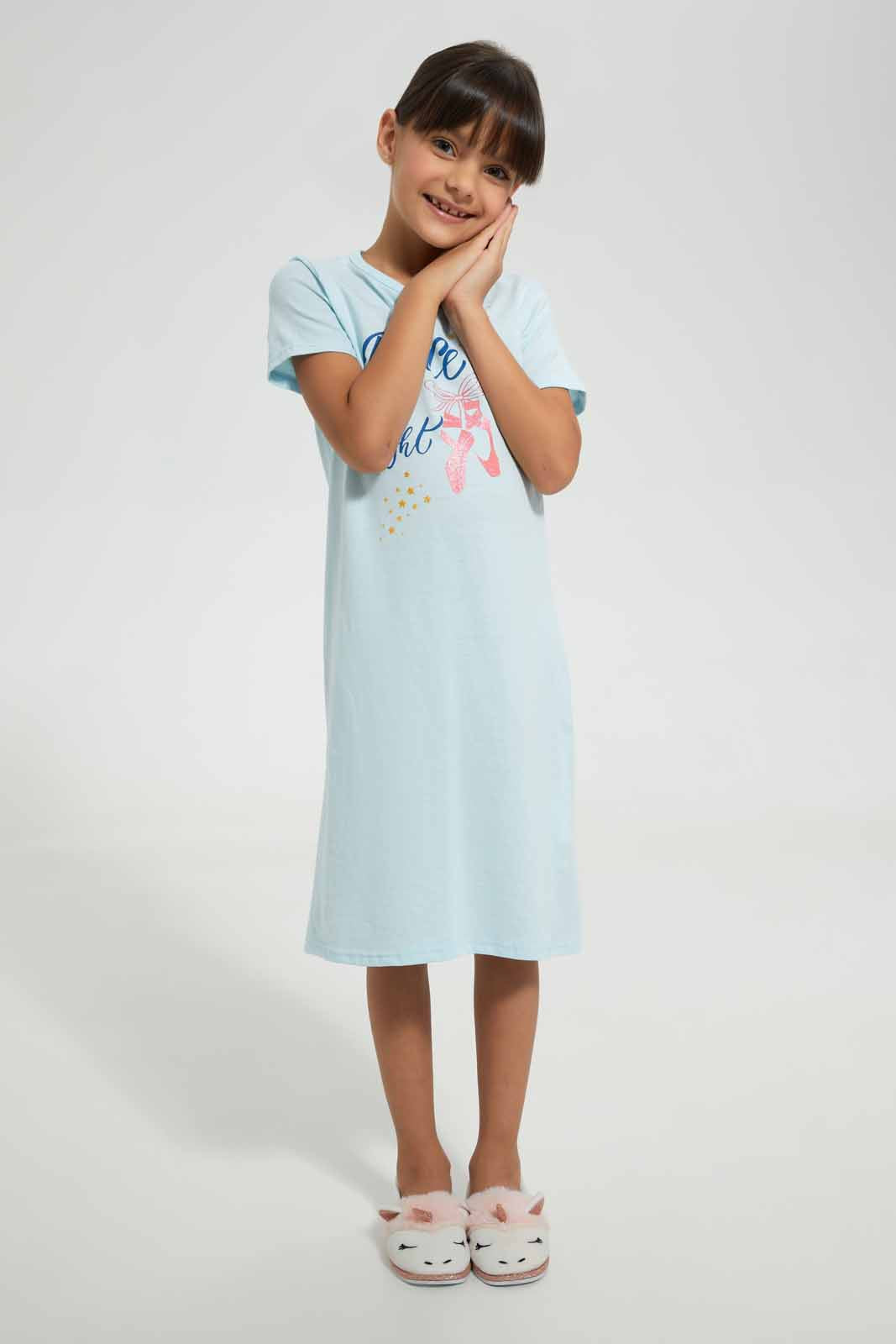 Redtag-Sky-Blue-S/Sleeve-Nightshirt-With-Placement-Print-Nightshirts-Girls-2 to 8 Years