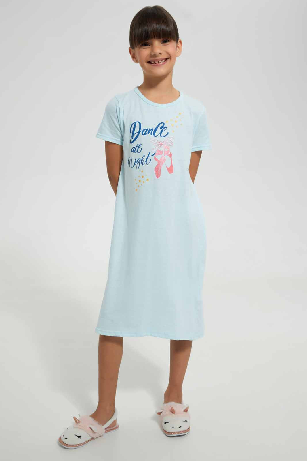 Redtag-Sky-Blue-S/Sleeve-Nightshirt-With-Placement-Print-Nightshirts-Girls-2 to 8 Years