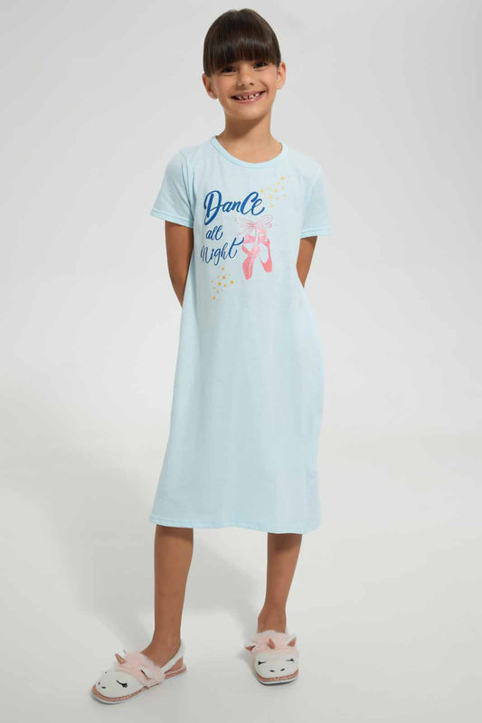 Redtag-Sky-Blue-S/Sleeve-Nightshirt-With-Placement-Print-Nightshirts-Girls-2 to 8 Years
