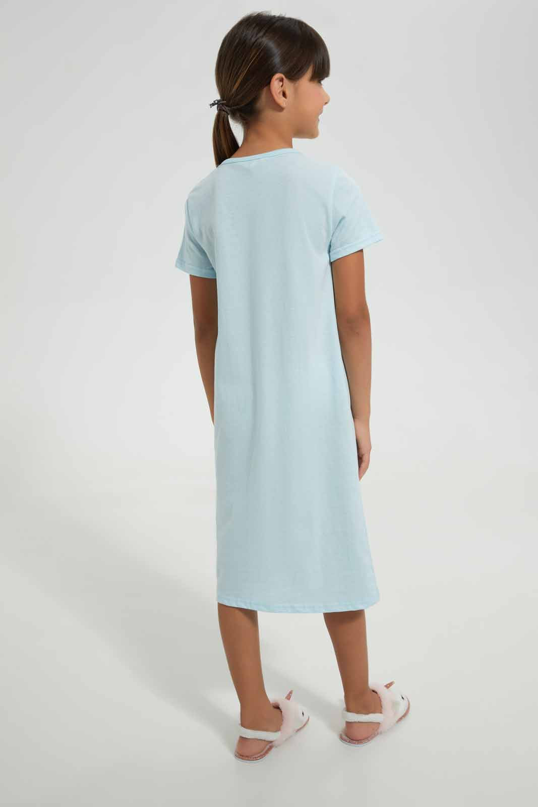 Redtag-Sky-Blue-S/Sleeve-Nightshirt-With-Placement-Print-Nightshirts-Girls-2 to 8 Years