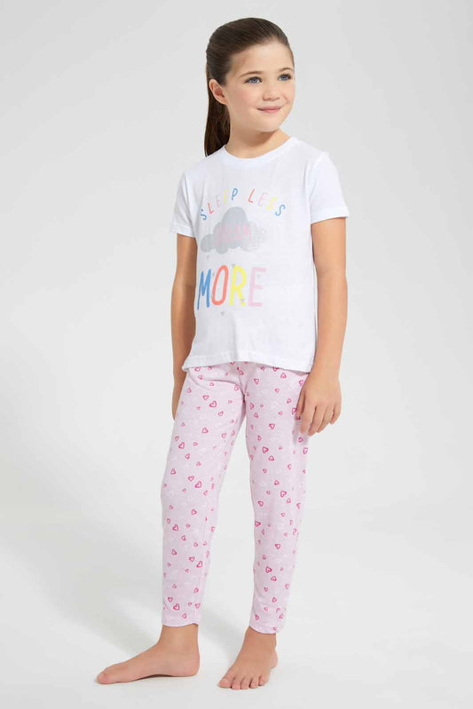 Redtag-White-Printed-S/Sleeve-Pyjama-Sets-Pyjama-Sets-Girls-2 to 8 Years