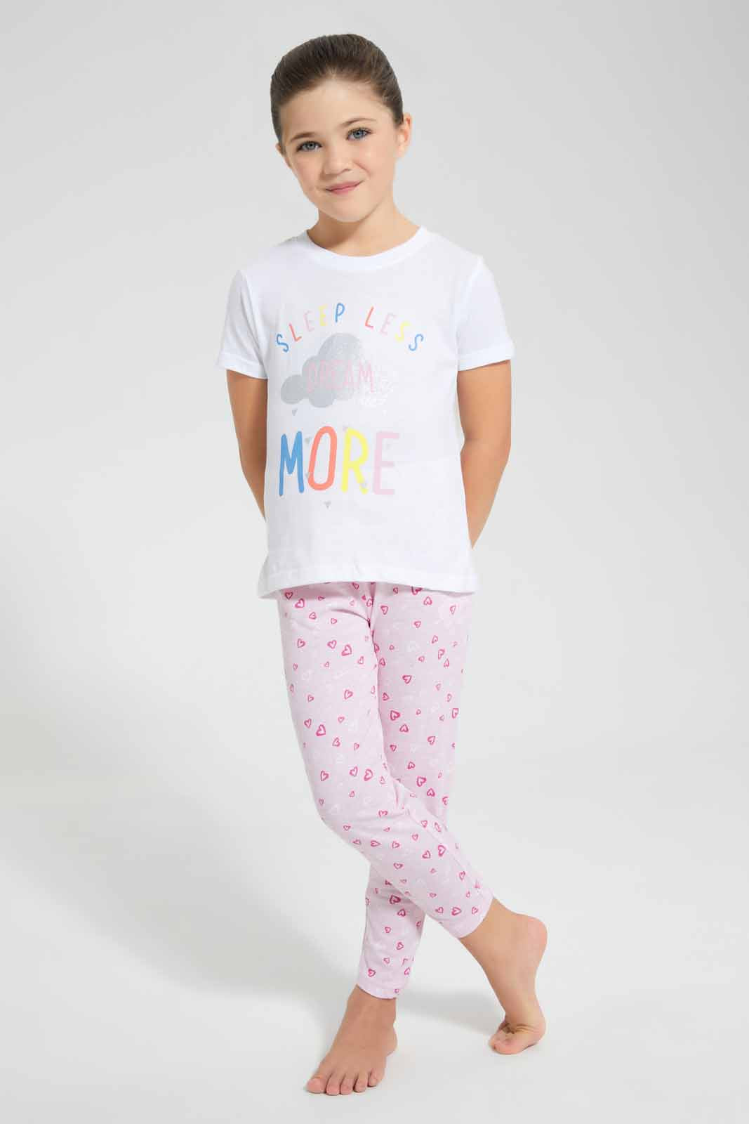 Redtag-White-Printed-S/Sleeve-Pyjama-Sets-Pyjama-Sets-Girls-2 to 8 Years