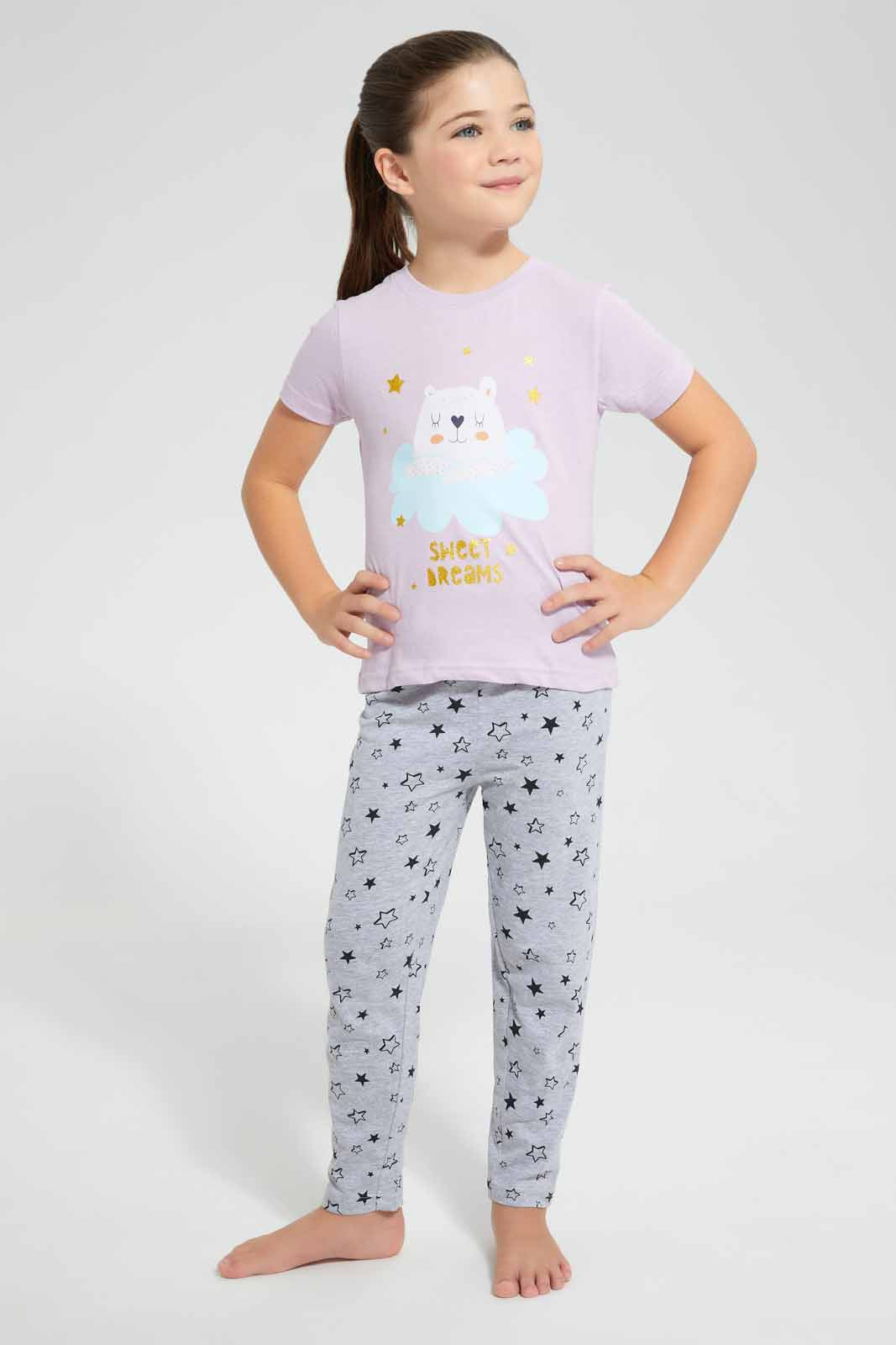 Redtag-Lilac-Printed-S/Sleeve-Pyjama-Sets-Pyjama-Sets-Girls-2 to 8 Years
