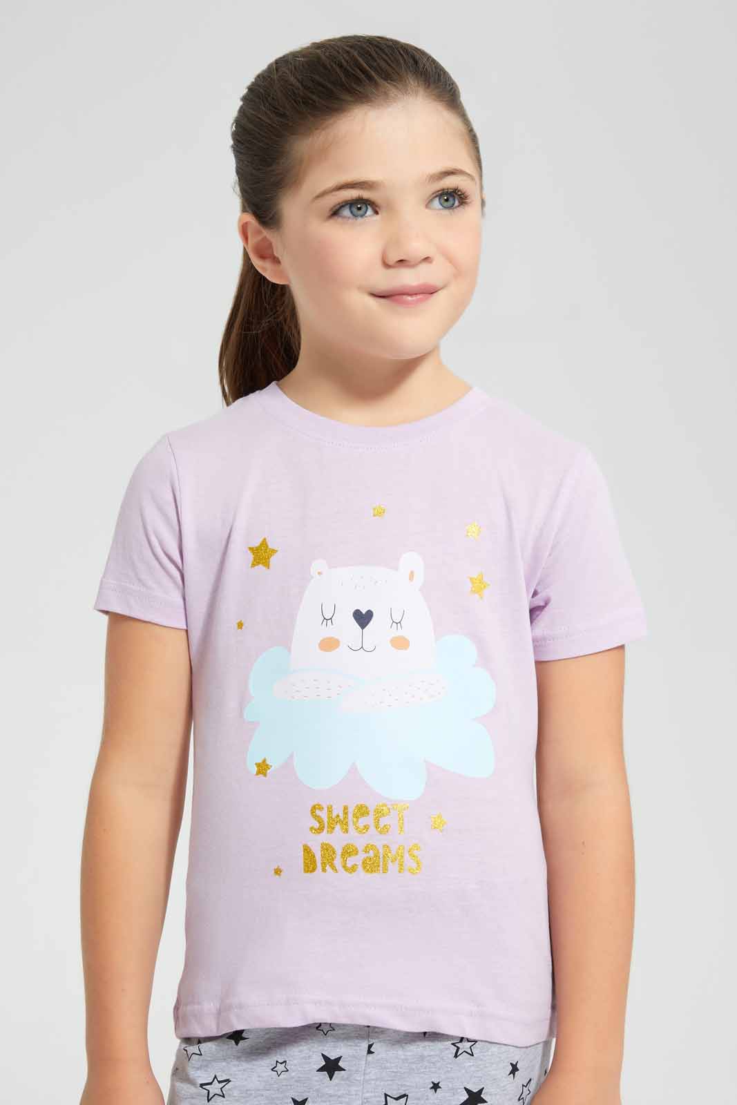 Redtag-Lilac-Printed-S/Sleeve-Pyjama-Sets-Pyjama-Sets-Girls-2 to 8 Years
