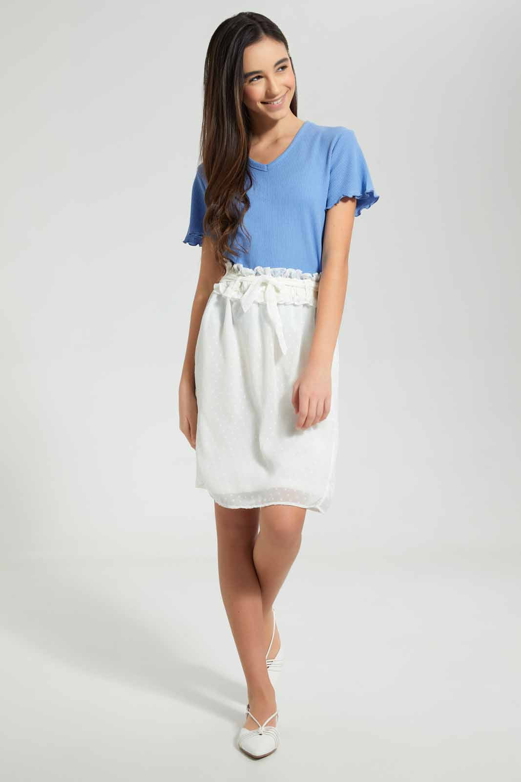 Redtag-White-Dobby-Ruffled-Hem-Skirts-Skirts-Senior-Girls-9 to 14 Years
