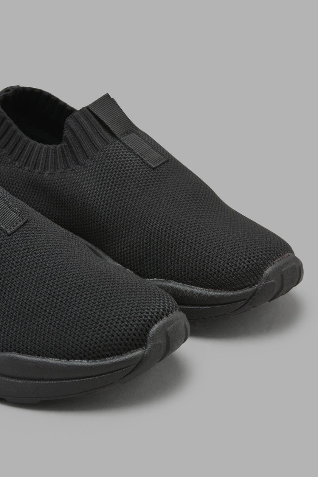 Redtag-Black-Knit-Slip-On-BOY-Trainers,-Category:Trainers,-Colour:Black,-Deals:New-In,-Filter:Boys-Footwear-(3-to-5-Yrs),-New-In-BOY-FOO,-Non-Sale,-S22C,-Section:Boys-(0-to-14Yrs)-Boys-3 to 5 Years