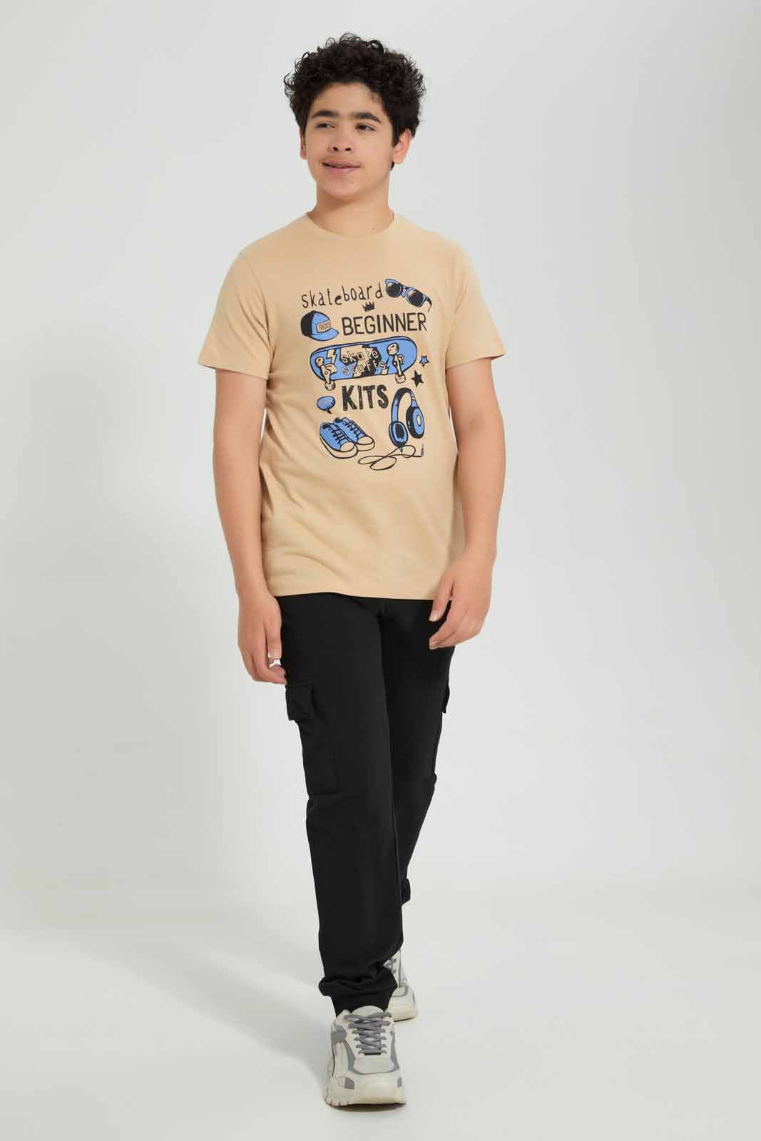 Redtag-Beige-Skate-Beginner-Tee-Graphic-T-Shirts-Senior-Boys-9 to 14 Years