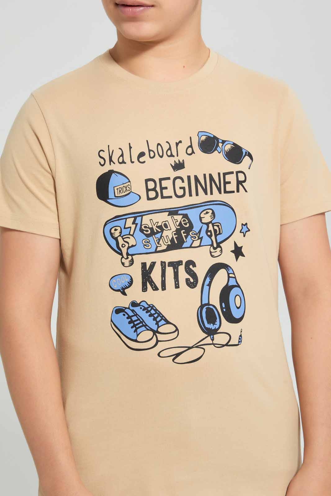Redtag-Beige-Skate-Beginner-Tee-Graphic-T-Shirts-Senior-Boys-9 to 14 Years