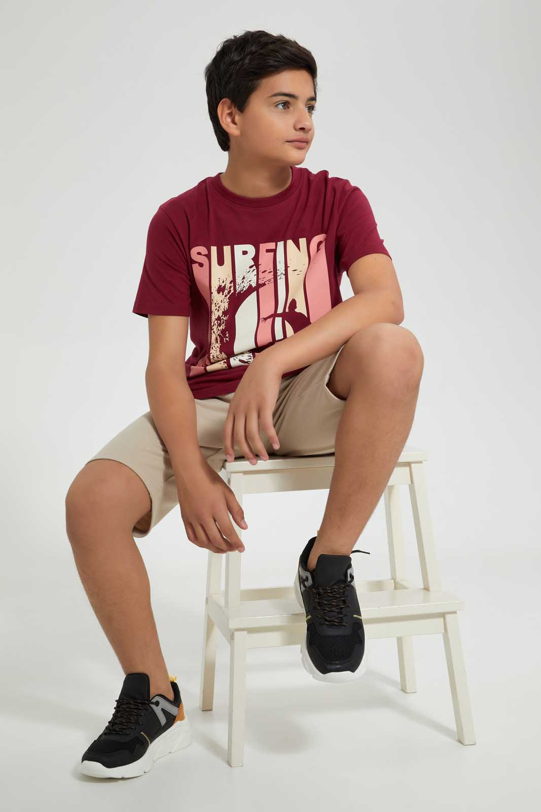 Redtag-Maroon-Surfing-Tee-Graphic-T-Shirts-Senior-Boys-9 to 14 Years