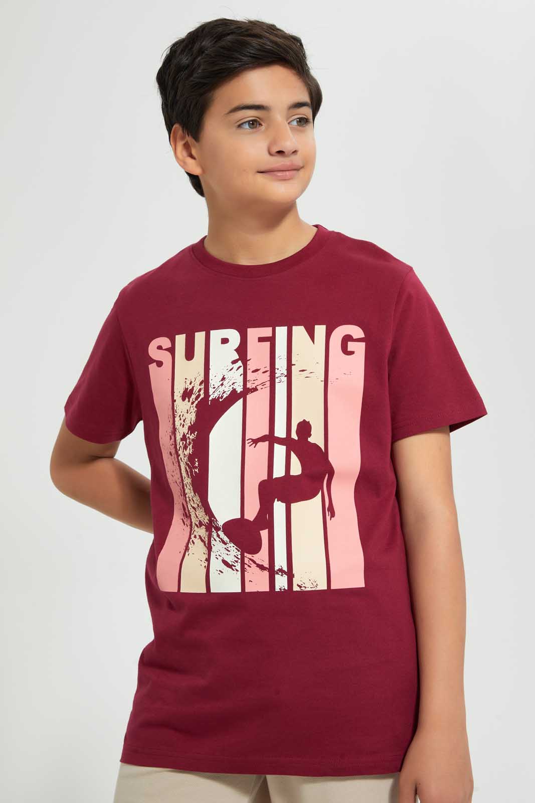 Redtag-Maroon-Surfing-Tee-Graphic-T-Shirts-Senior-Boys-9 to 14 Years