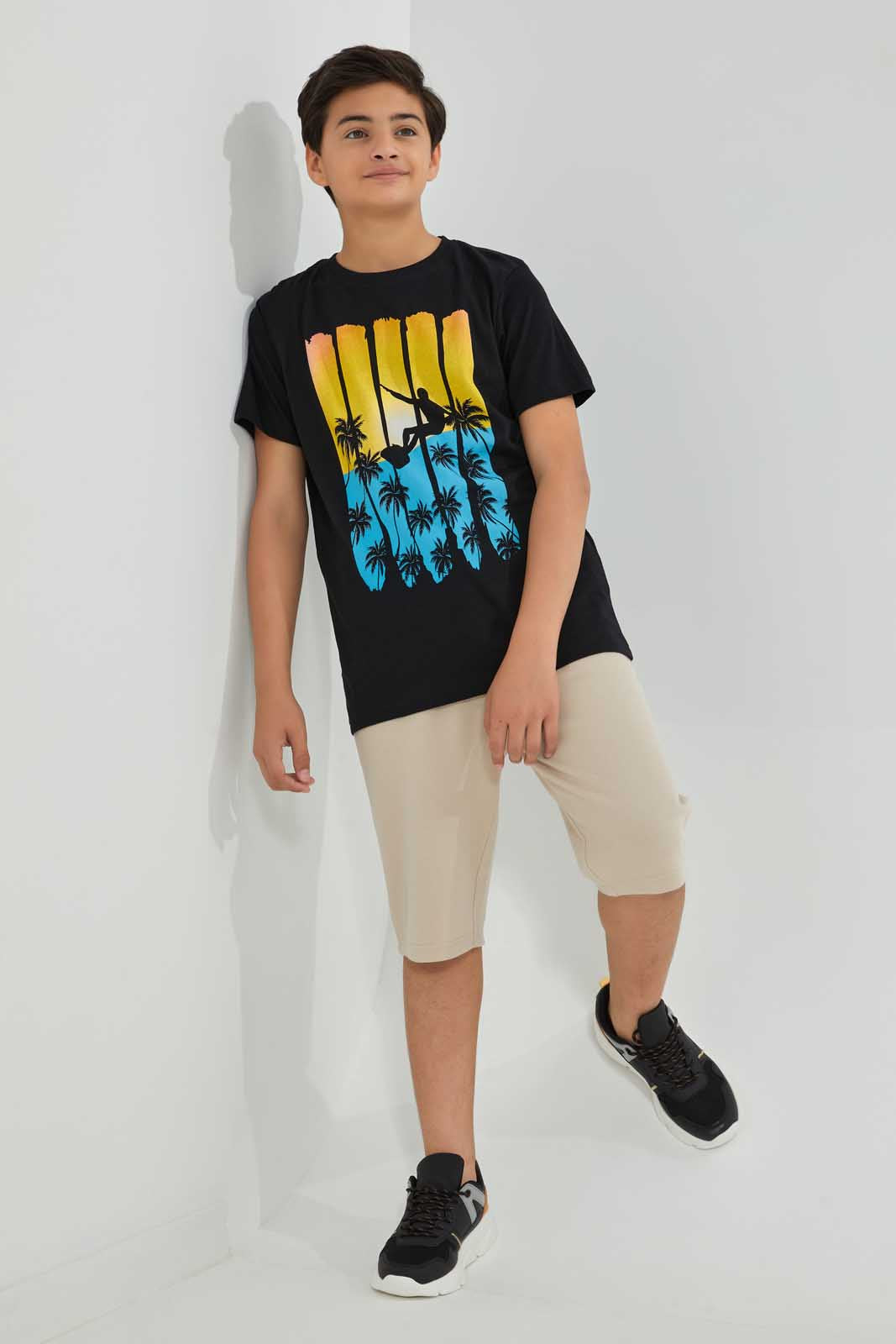Redtag-Black-Surfing-Tee-Graphic-T-Shirts-Senior-Boys-9 to 14 Years