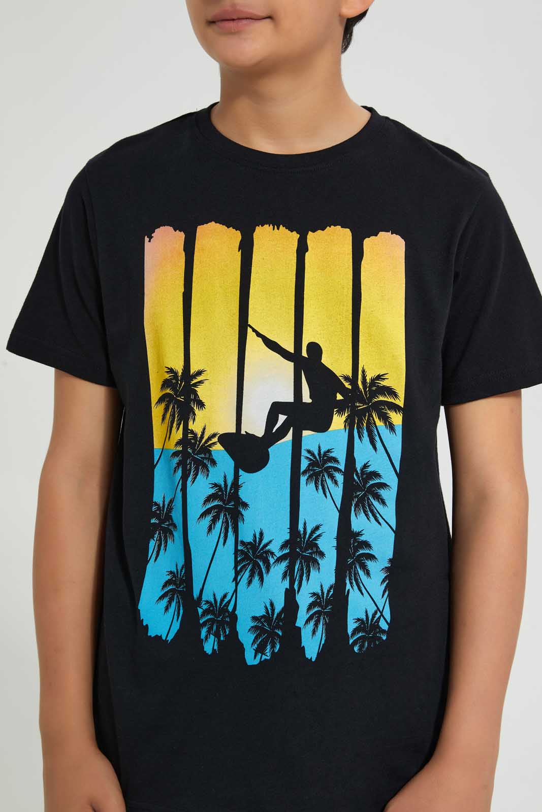 Redtag-Black-Surfing-Tee-Graphic-T-Shirts-Senior-Boys-9 to 14 Years