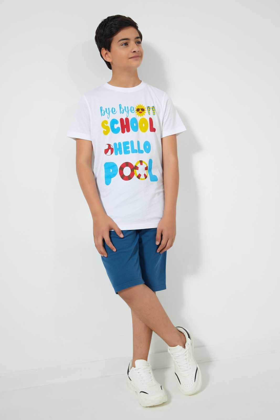 Redtag-White-Bye-Hello-Tee-Graphic-T-Shirts-Senior-Boys-9 to 14 Years