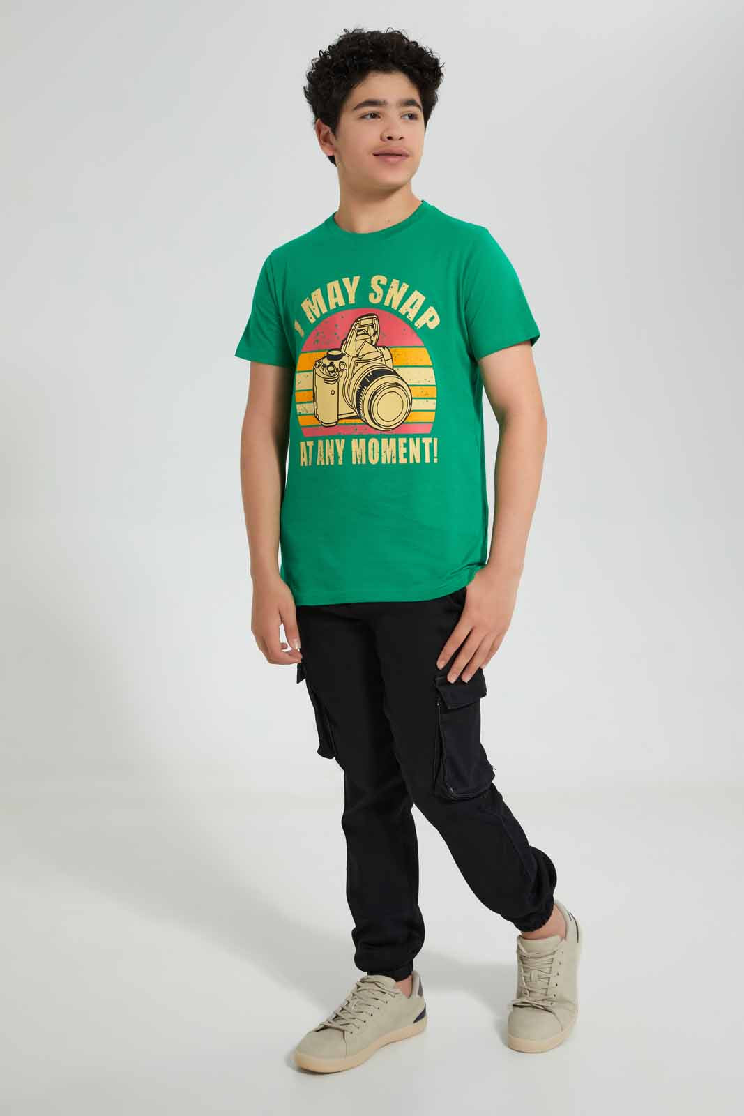 Redtag-Green-Snap-Moment-Tee-Graphic-T-Shirts-Senior-Boys-9 to 14 Years