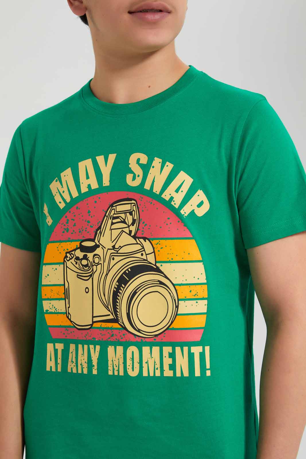Redtag-Green-Snap-Moment-Tee-Graphic-T-Shirts-Senior-Boys-9 to 14 Years