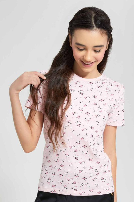 Redtag-Pink/Black-Ditsy-Print-T-Shirt-Category:T-Shirts,-Colour:Assorted,-Filter:Senior-Girls-(9-to-14-Yrs),-GSR-T-Shirts,-New-In,-New-In-GSR,-Non-Sale,-S22D,-Section:Kidswear,-TBL-Senior-Girls-9 to 14 Years