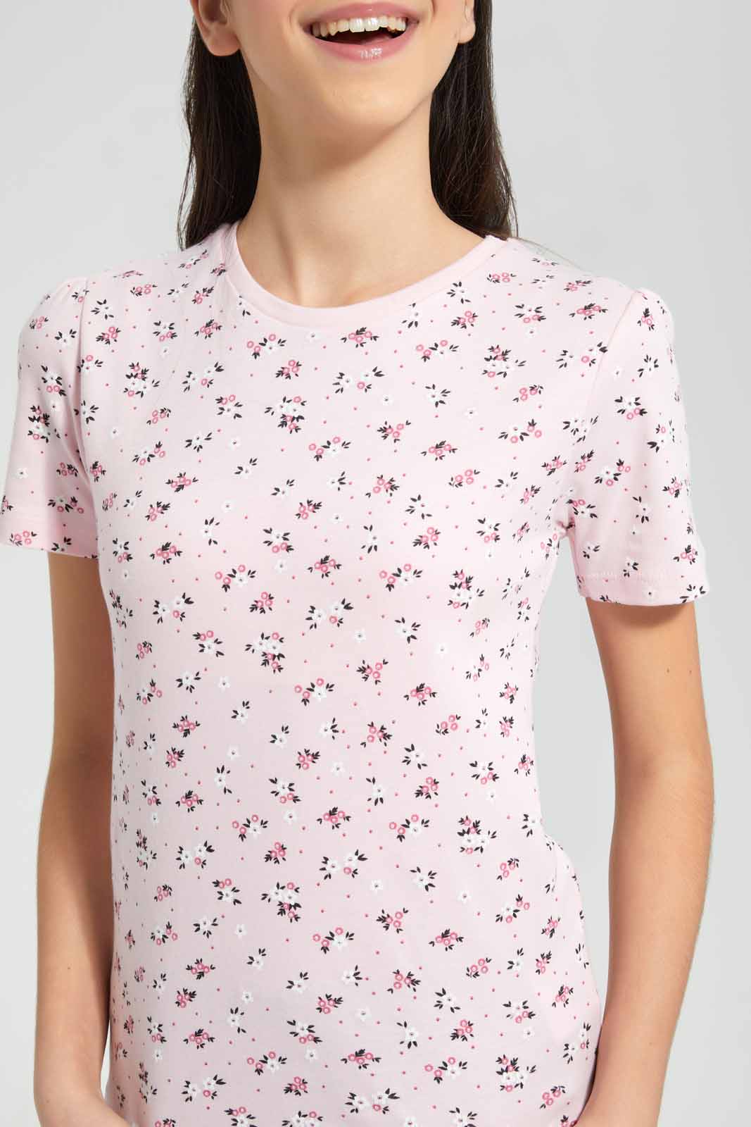 Redtag-Pink/Black-Ditsy-Print-T-Shirt-Category:T-Shirts,-Colour:Assorted,-Filter:Senior-Girls-(9-to-14-Yrs),-GSR-T-Shirts,-New-In,-New-In-GSR,-Non-Sale,-S22D,-Section:Kidswear,-TBL-Senior-Girls-9 to 14 Years