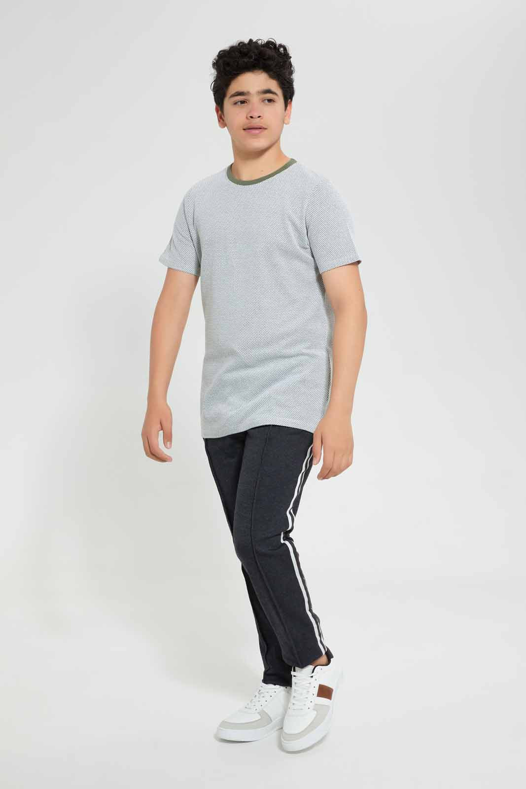 Redtag-Olive-Jacquard-Plain-Tee-Plain-T-Shirts-Senior-Boys-9 to 14 Years