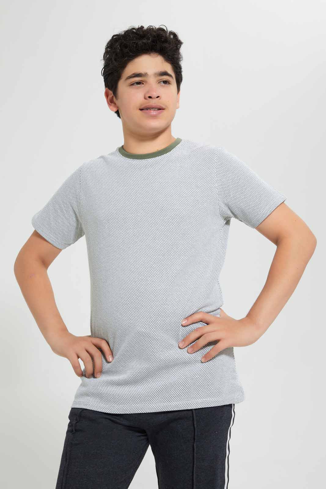Redtag-Olive-Jacquard-Plain-Tee-Plain-T-Shirts-Senior-Boys-9 to 14 Years