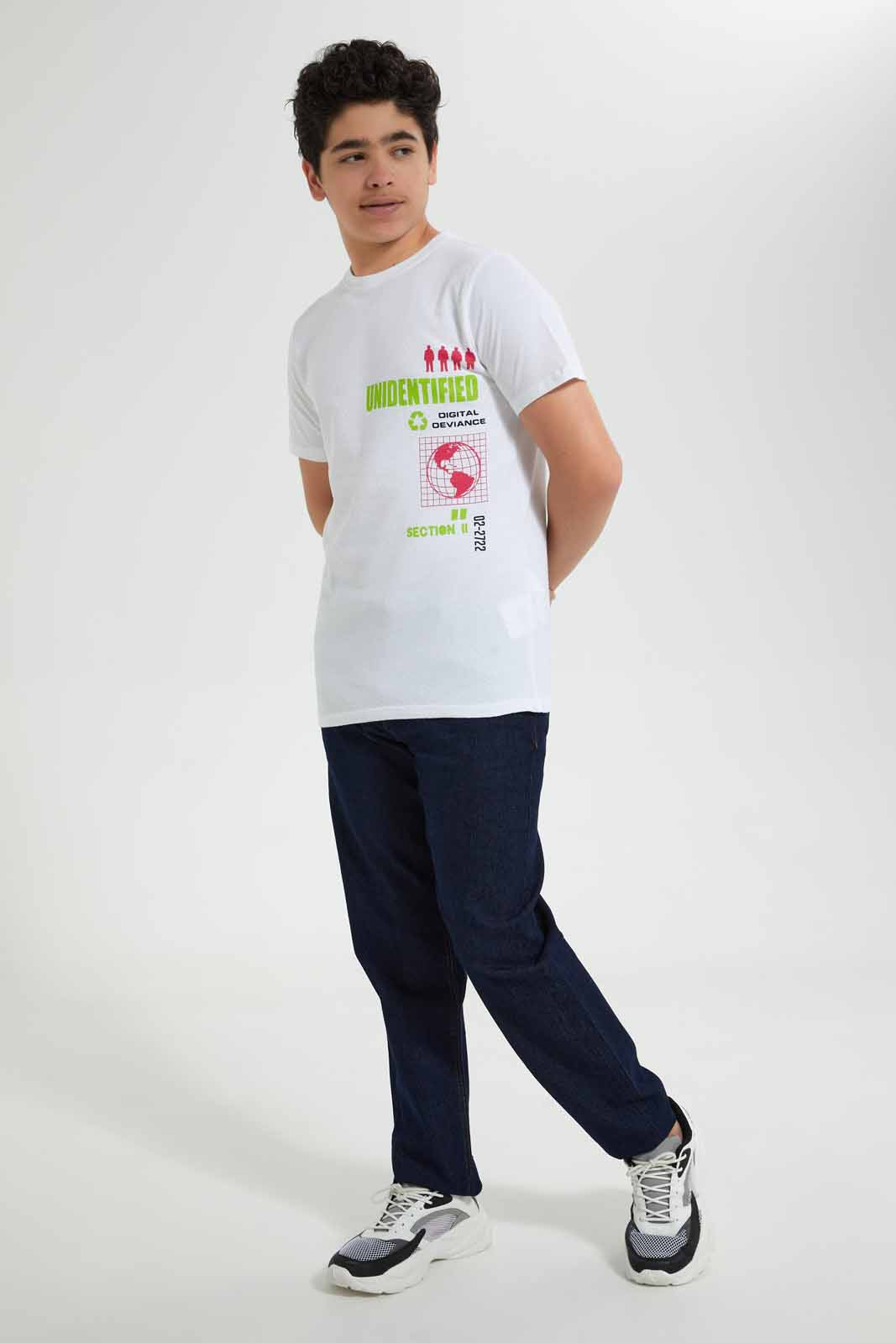 Redtag-White-Jacquard-California-Tee-Graphic-T-Shirts-Senior-Boys-9 to 14 Years