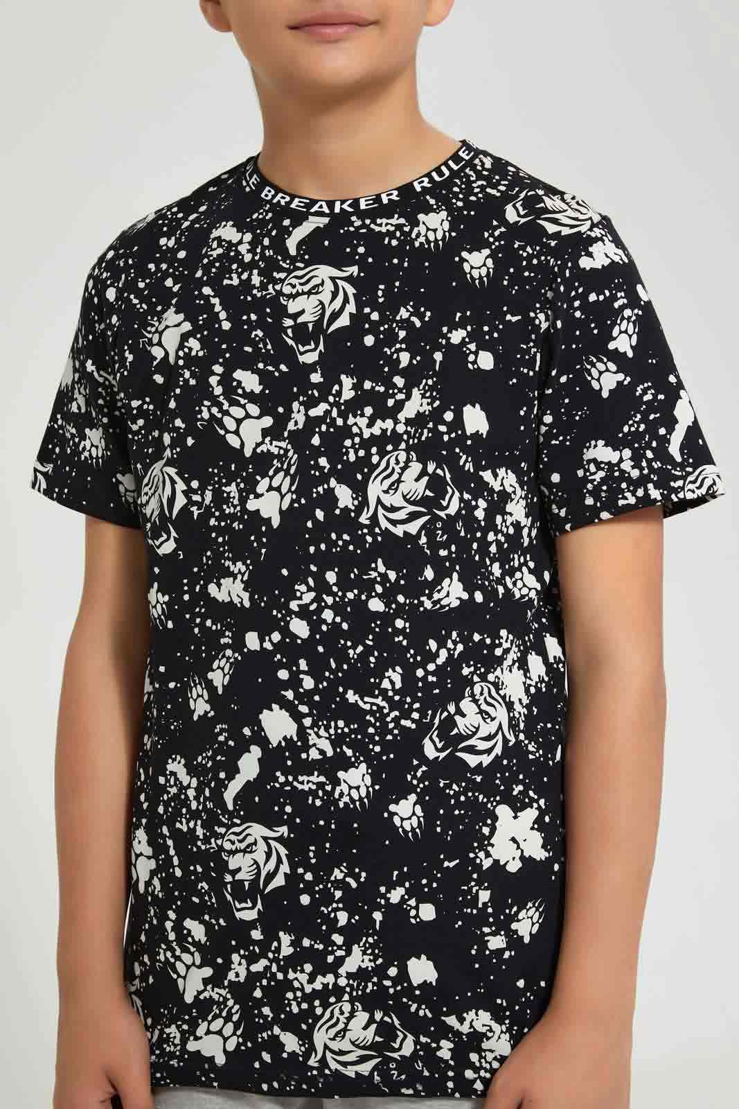 Redtag-Black-Bsr-Splatter-Tiger-Tee-Graphic-T-Shirts-Senior-Boys-9 to 14 Years