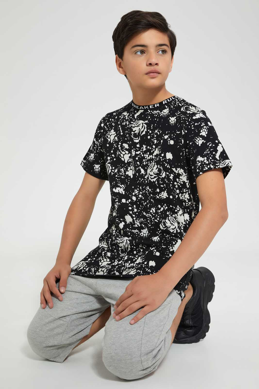 Redtag-Black-Bsr-Splatter-Tiger-Tee-Graphic-T-Shirts-Senior-Boys-9 to 14 Years