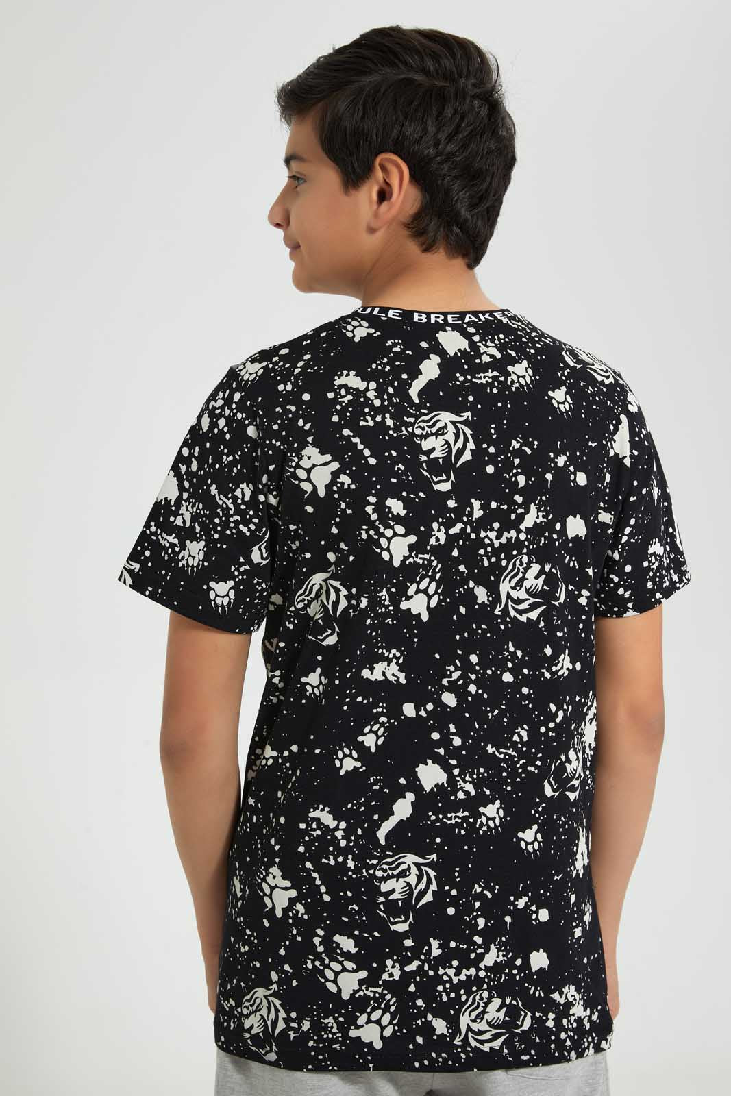 Redtag-Black-Bsr-Splatter-Tiger-Tee-Graphic-T-Shirts-Senior-Boys-9 to 14 Years