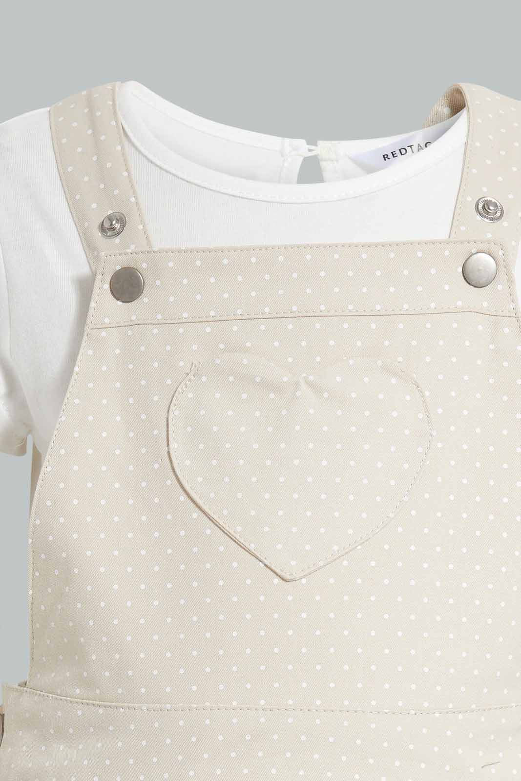 Redtag-Beige-Aop-Dungaree-Shorts-Set-Category:Sets,-Colour:Beige,-Filter:Infant-Girls-(3-to-24-Mths),-ING-Sets,-New-In,-New-In-ING,-Non-Sale,-S22D,-Section:Kidswear-Infant-Girls-3 to 24 Months