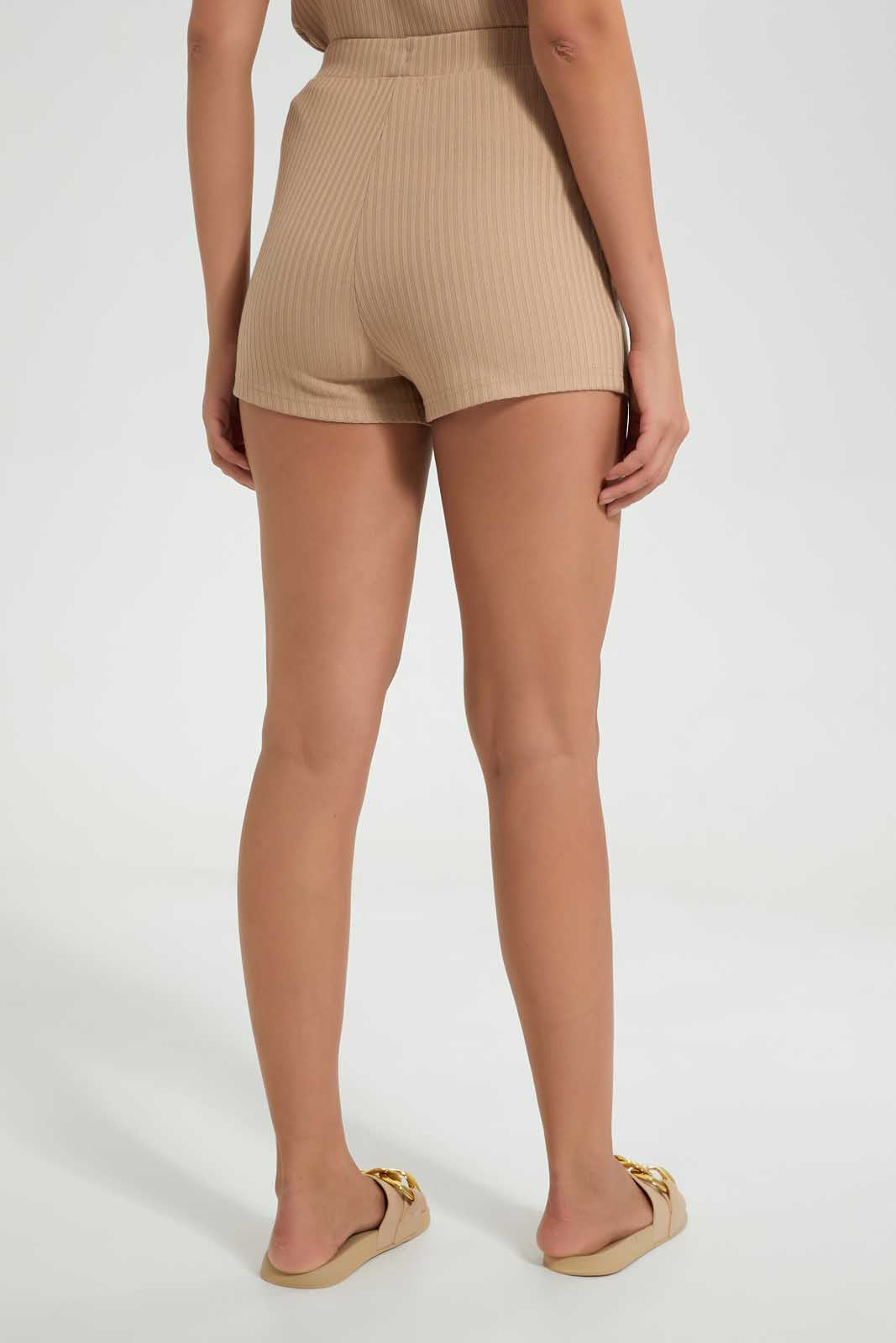 Redtag-Brown-Rib-Shorts-Loungewear-Shorts-Women's-
