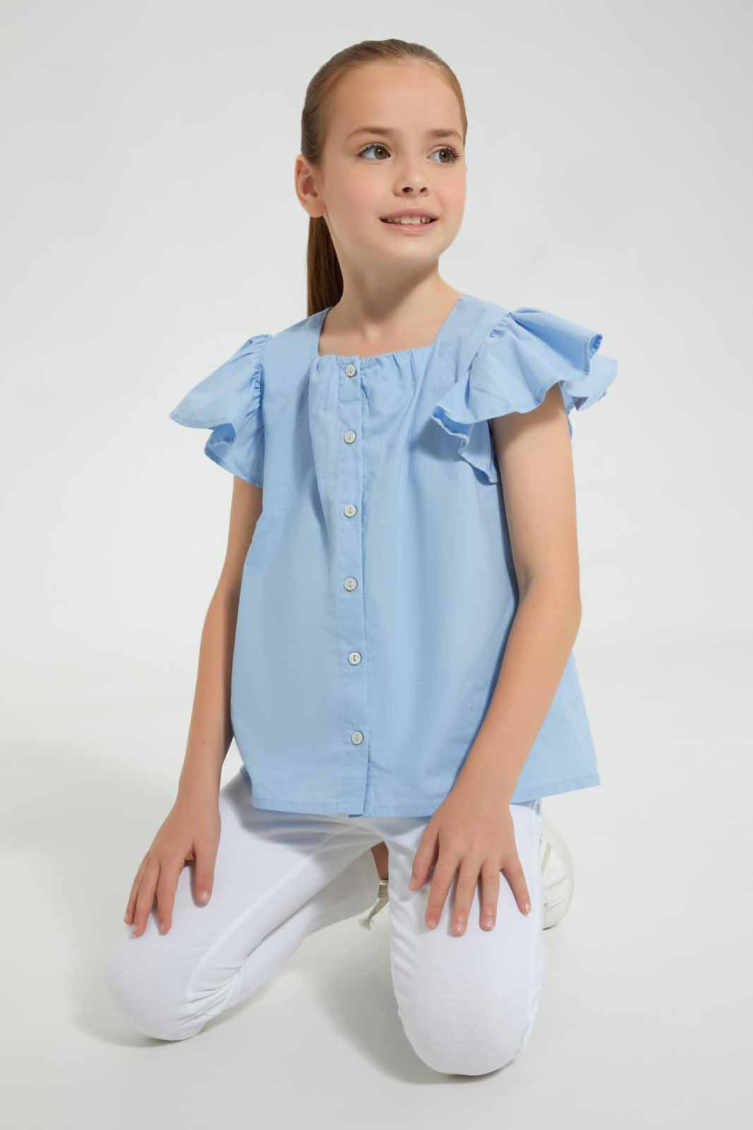 Redtag-Blue-Button-Front-Blouse-Blouses-Girls-2 to 8 Years
