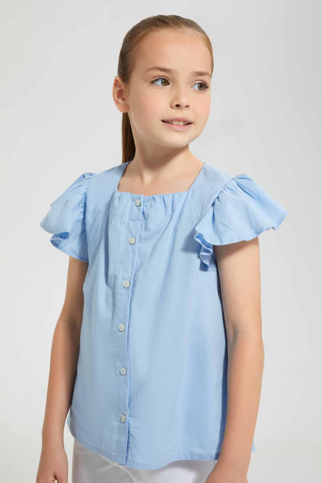 Redtag-Blue-Button-Front-Blouse-Blouses-Girls-2 to 8 Years