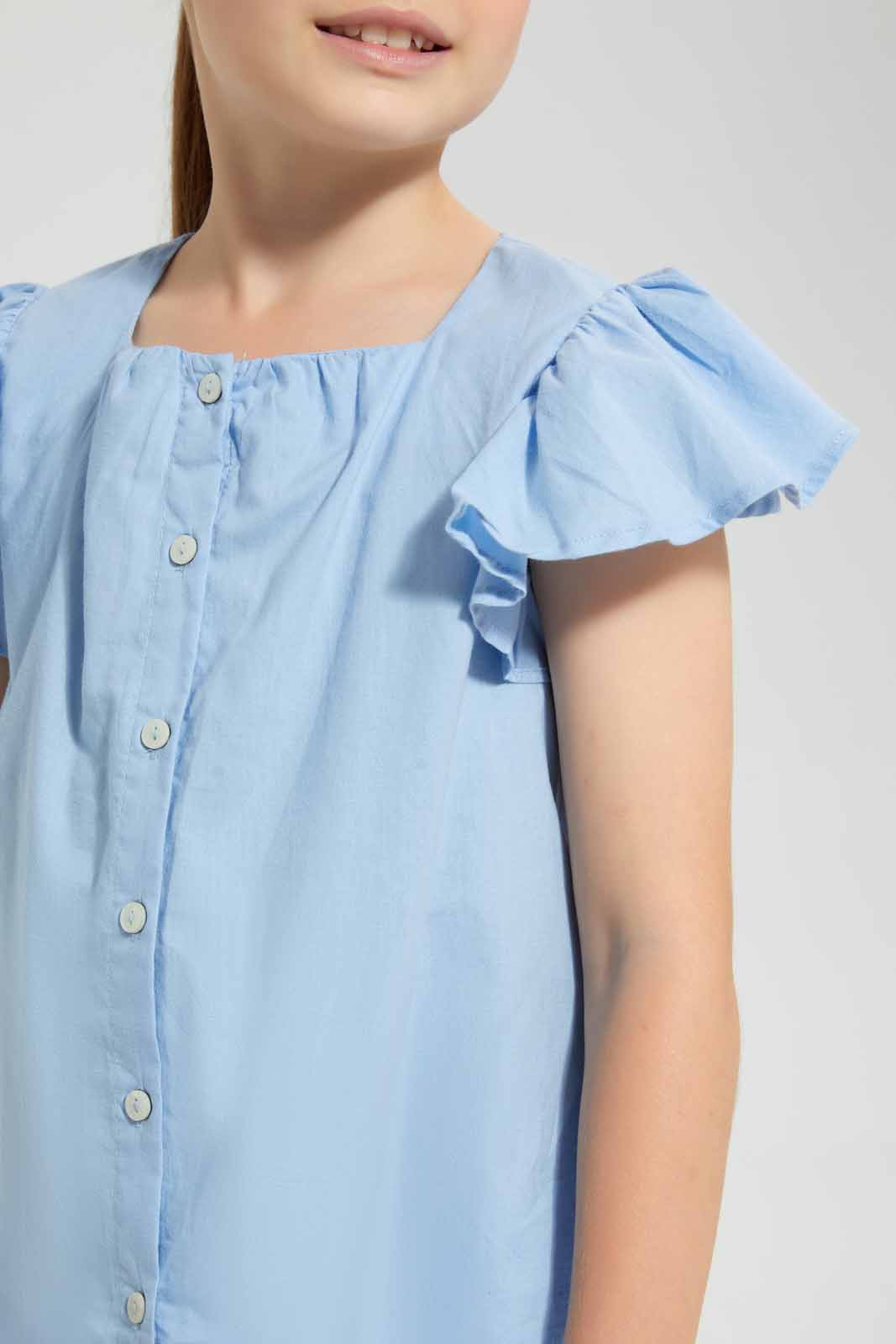 Redtag-Blue-Button-Front-Blouse-Blouses-Girls-2 to 8 Years