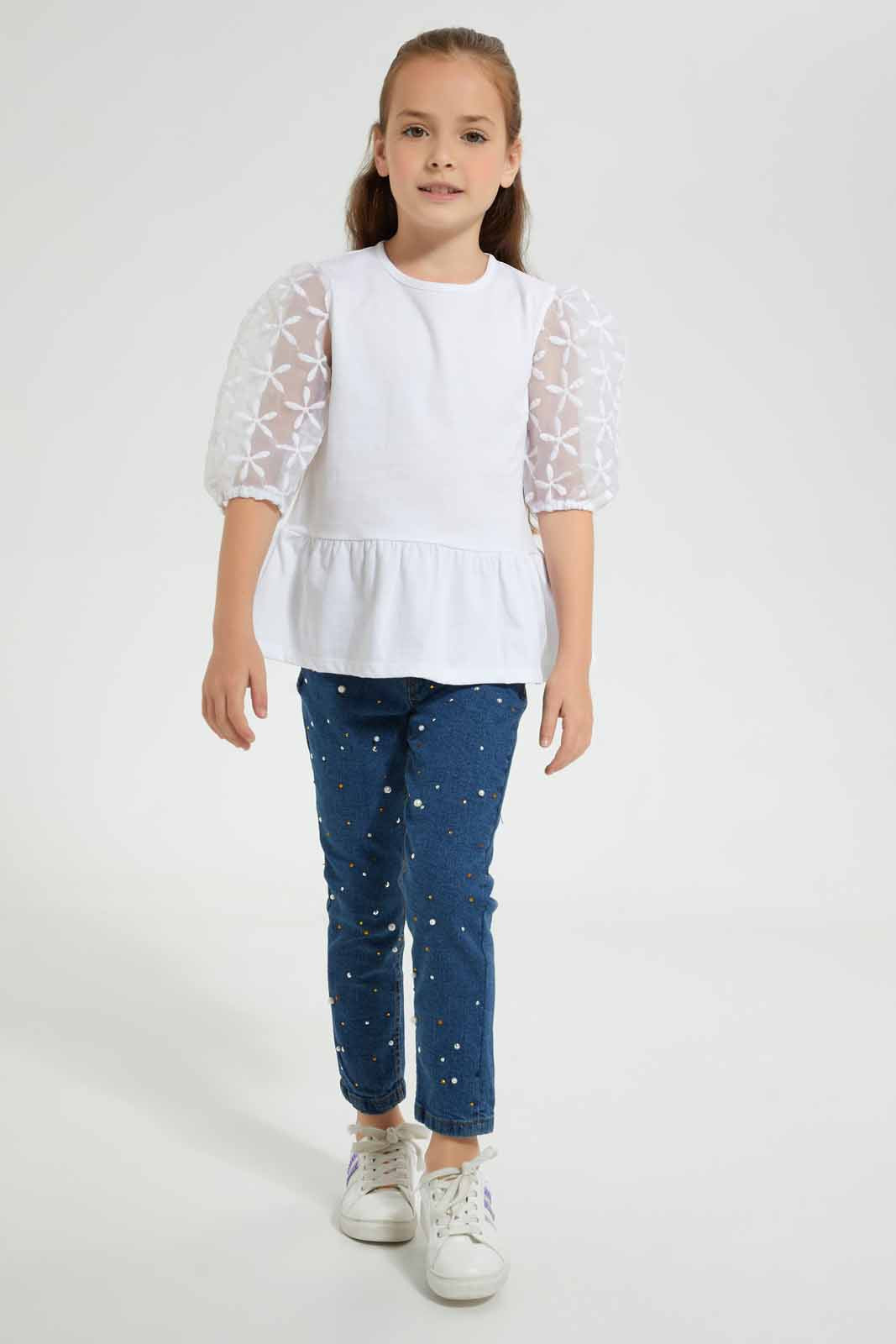Redtag-White-Lace-Sleeve-Blouse-Blouses-Girls-2 to 8 Years