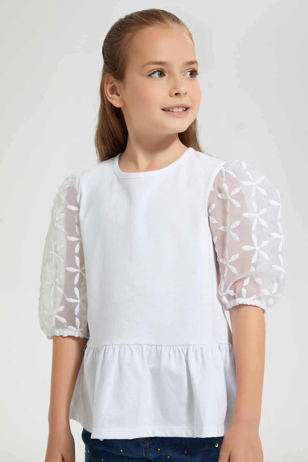 Redtag-White-Lace-Sleeve-Blouse-Blouses-Girls-2 to 8 Years