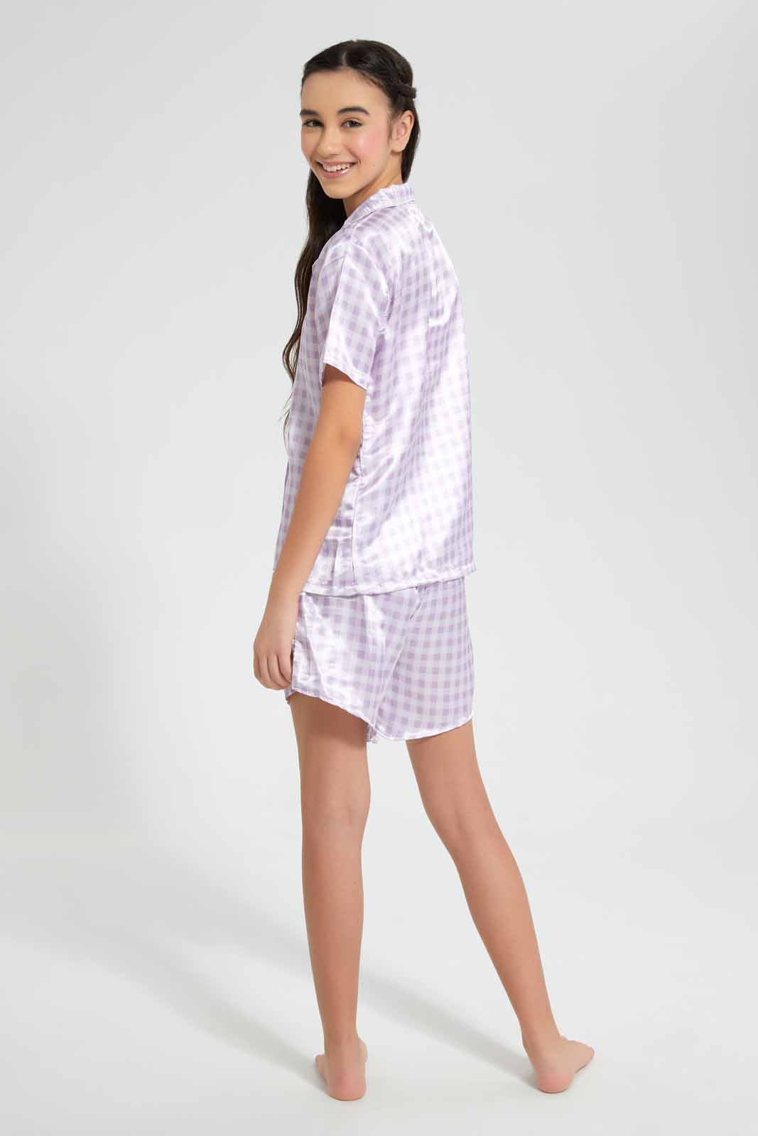 Redtag-Purple/White-Sateen-Short-Sets-Category:Pyjama-Sets,-Colour:Assorted,-Filter:Senior-Girls-(9-to-14-Yrs),-GSR-Pyjama-Sets,-New-In,-New-In-GSR,-Non-Sale,-S22D,-Section:Kidswear-Senior-Girls-9 to 14 Years