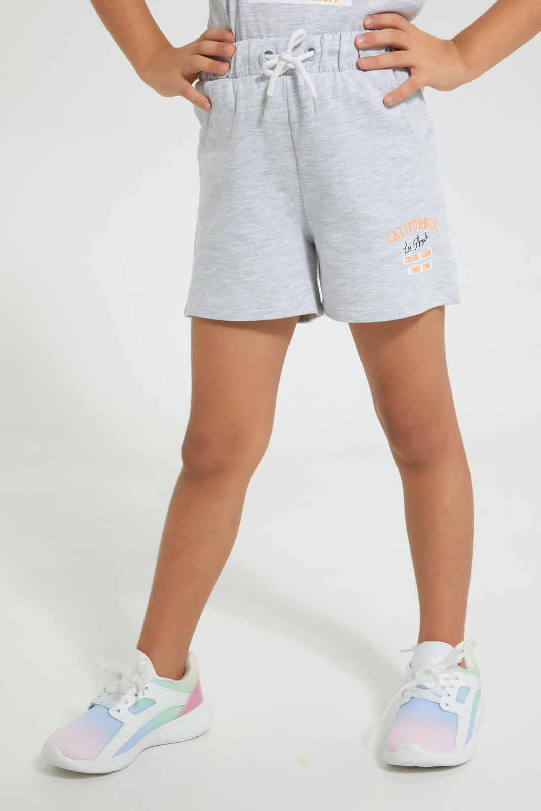 Redtag-Grey-Melange-Chest-Placement-Print-Set-Sets-Girls-2 to 8 Years