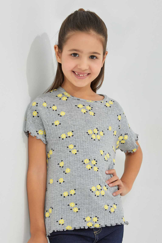 Redtag-Grey-MÃ©lange-T-Shirt-Category:T-Shirts,-Colour:Grey,-Deals:Sale,-Filter:Girls-(2-to-8-Yrs),-Girls-T-Shirts,-S22C,-Sale-GIR-APL,-Section:Girls-(0-to-14Yrs),-VLM-Girls-2 to 8 Years