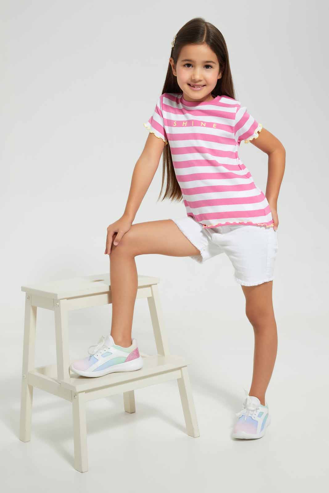 Redtag-Pink-Abd-White-Striped-T-Shirt-Category:T-Shirts,-Colour:Pink,-Colour:White,-Deals:Sale,-Filter:Girls-(2-to-8-Yrs),-Girls-T-Shirts,-S22C,-Sale-GIR-APL,-Section:Girls-(0-to-14Yrs),-VLM-Girls-2 to 8 Years